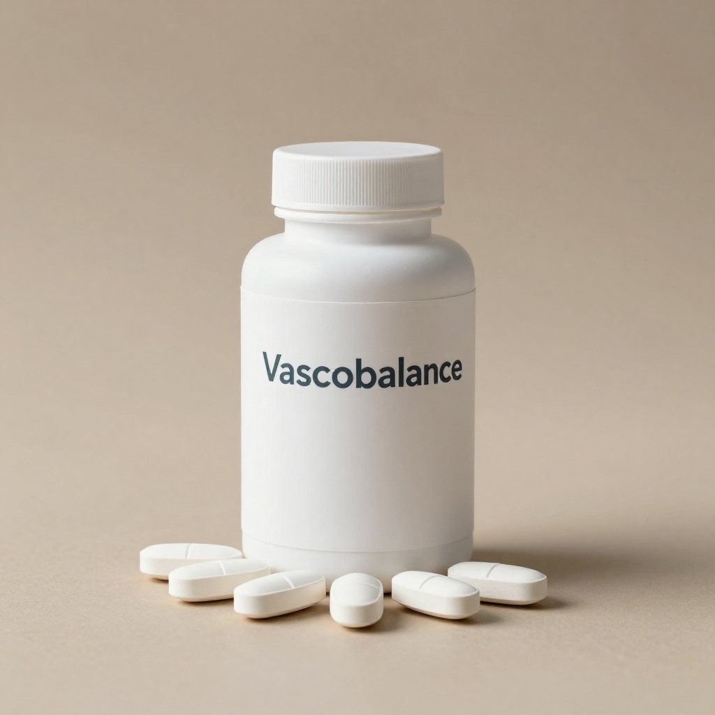 Vascobalance supliment natural în cutie elegantă albă cu etichetă violet-albastră, conținând 60 de capsule pentru susținerea tensiunii arteriale și sănătății cardiovasculare, ambalaj profesional pe fundal neutru